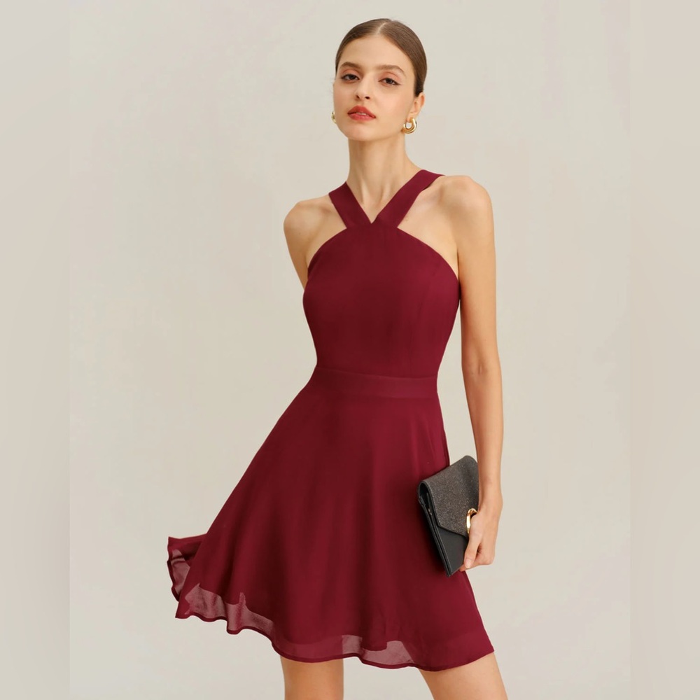 Wine Red Chiffon A-Line Sleeveless Mini Dress
